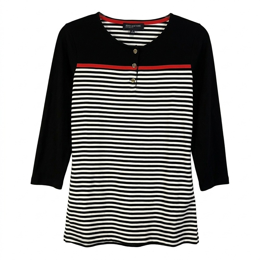 Jones New York Signature M Nautical Stripe Top Henley 3/4 Sleeve Black White Red